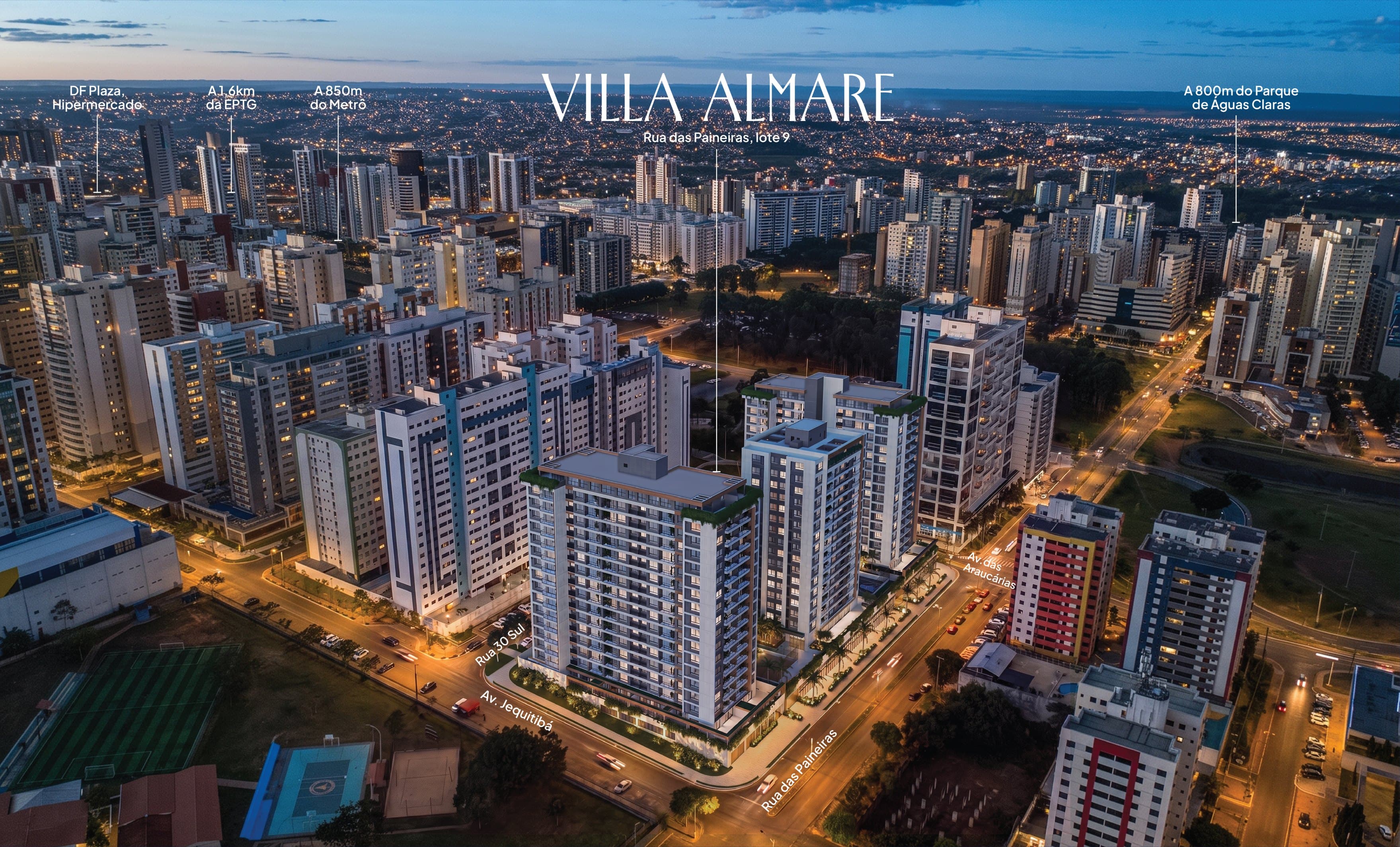 Vista aérea noturna de Águas Claras com o Villa Almare